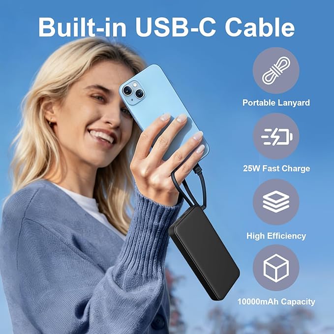 JUOVI 25w Portable Charger 10000mAh Power Bank with Built-in USB C Cable, Battery Pack Charger Portable LED Display Tavel Essential Phone Charger Compatible with iPhone 17/16/15 Series, Samsung, iPad