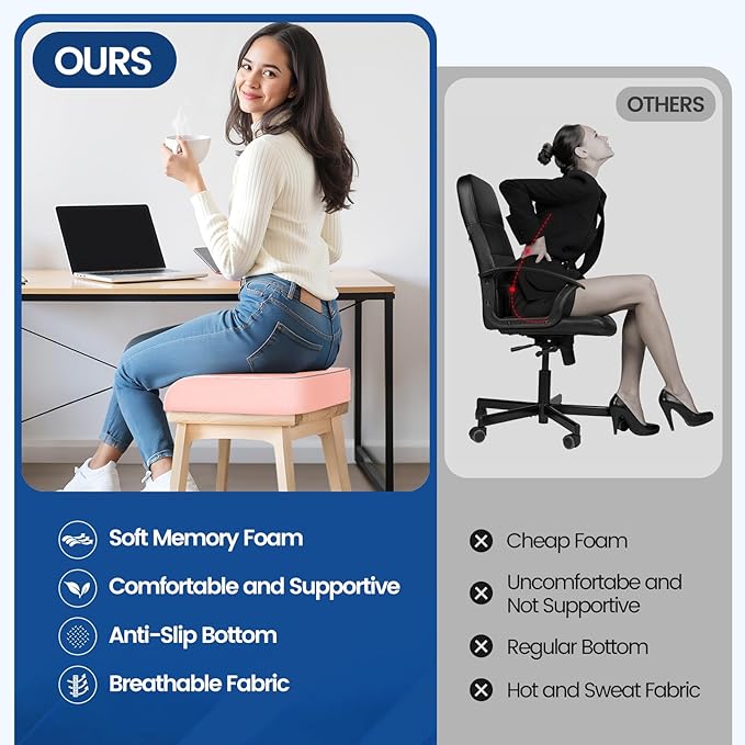 SweetSlubr Seat Cushion for Tailbone Pain Relief, Office Chair Cushion, Memory Foam Large Chair Cushion with Non-Slip Cover for Soft Support at Office Chair, Car Seat, Airplane Pink/2X-Large
