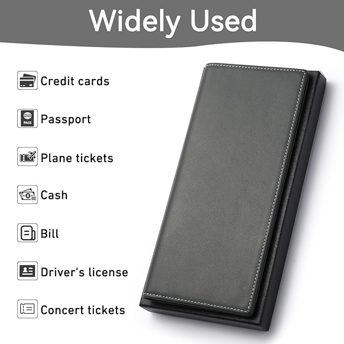 RFID Blocking Leather Passport Holder with AirTag Holder, Travel Wallet with Card Slots, Long Passport Cover for Men & Women (Gray)