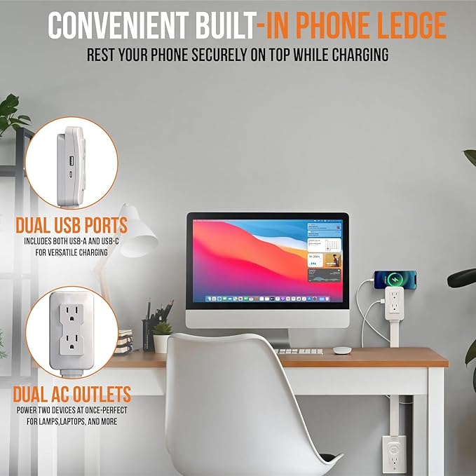 EZ Outlet Electrical Outlet Extender. Access Hard-to-Reach Outlets! Features USB-A, USB-C, and 2 AC Outlets, Extends 22"-34", Rotates 180°. Use Behind Couches, Nightstands, Desks, and More.