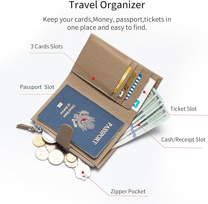 Passport wallet and Card Slot Combo RFID Blocking Slim Leather Travel Passport Wallet for Men and Women with Zippered Coins Pocket Passport holder, Grey