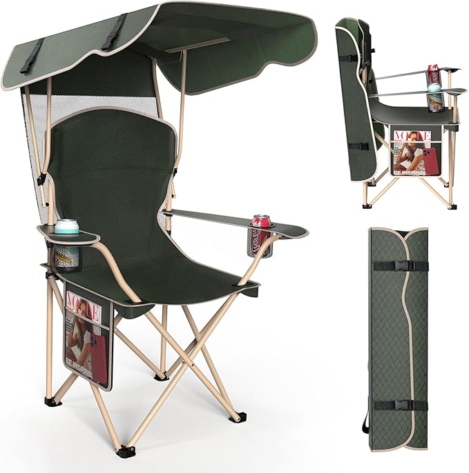 VTOY Portable Camping Chair with Canopy - Folding Chair with Canopy, Durable 600D Oxford Canopy Chair for Camping, Beach, Picnics, Fishing & Sports
