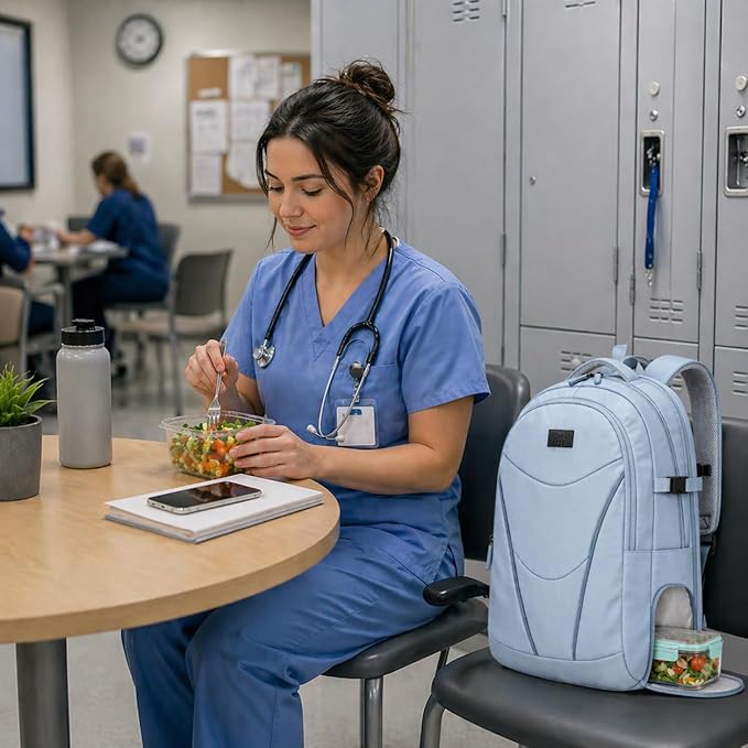 MATEIN HER Nurse Backpack for Women with Lunch Compartment, Water Resistant Work Backpack with Water Bottle Holder & RFID Pocket, Commute Office Business Travel Bag Fits 17.3'' Computer, Light Blue