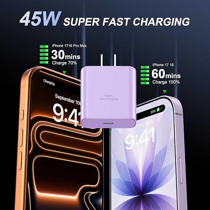 Phone 17 16 Pro Max Charger Fast Charging, 45W USB C Phone 17 16 Super Fast Charger Block with 10ft Long Type C Charging Cable Cord for i.Phone 17 Pro Max/17 Pro/17 Air/17/16/16Pro/16 Pro Max-Lavender