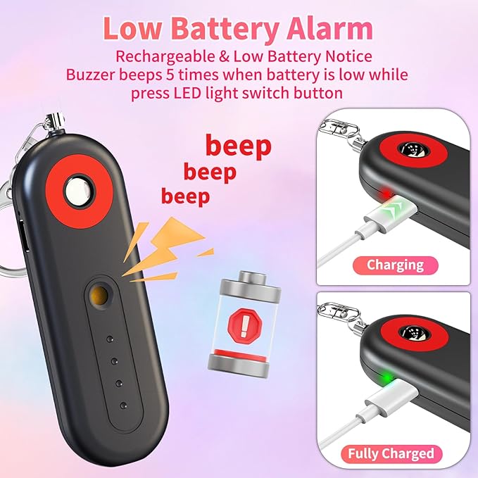 Rechargeable Personal Safety Alarm for Women - 130dB Self Defense Keychain Siren Whistle with SOS Strobe Light, Low Battery Notice - Emergency Security Safe Protection Devices, College Essentials