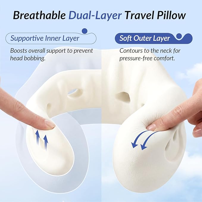 ZIKEE Dual-Layer Memory Foam Neck Pillow for Airplane, Travel Pillow with Seat Straps to Secure Head & Neck, Ergonomic Ear-Friendly Neck Pillow for Traveling with Breathable Vent Holes, Airy Cover