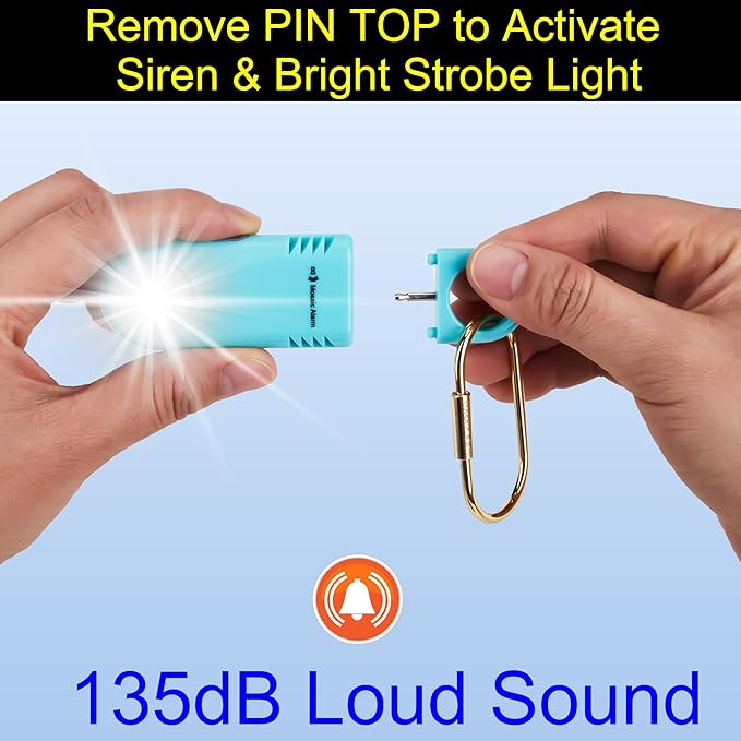 135dB Rechargeable Personal Safety Alarm Built-in Ultra-Bright Flashlight Non Slip Grip Keychain Emergency SOS Siren for Women, Students, Night Runner. Loud Sound Hiking Bear Alerts with Hook. Aqua