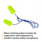 3M Ear Plugs, E-A-Rsoft Yellow Neons 311-1250, 200 Pair of Disposable Earplugs, Pairs Individually Wrapped, Regular Size, Corded, 33 NRR, Tapered Cylinder Shape, Slow Recovery Foam