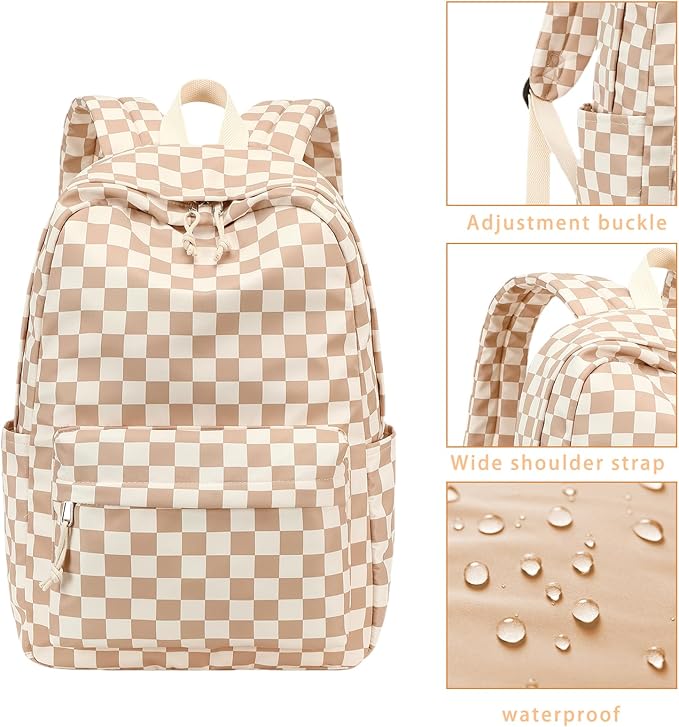LOIDOU Backpack for Girls School Backpacks Bookbags for Elementary Middle School Women Laptop Backpacks (Brown white checker, L-17)