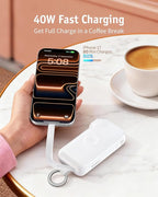 RORRY Flow Portable Charger, 10000mAh 40W Fast Charging Power Bank with Built-in USB C Cable and Foldable Wall Plug, Battery Pack Travel Essentials for iPhone 17/16/15, Apple Watch, iPad, MacBook