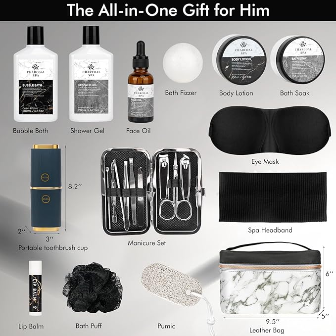 23pcs Bath and Body Gift Basket for Men & Women, Charcoal Home Spa Kit, Leather Bag, Skin Care Set, Self Care Kit, Christmas, Birthday,Anniversary, Mother's Day Gift, Mom, Dad, Wife