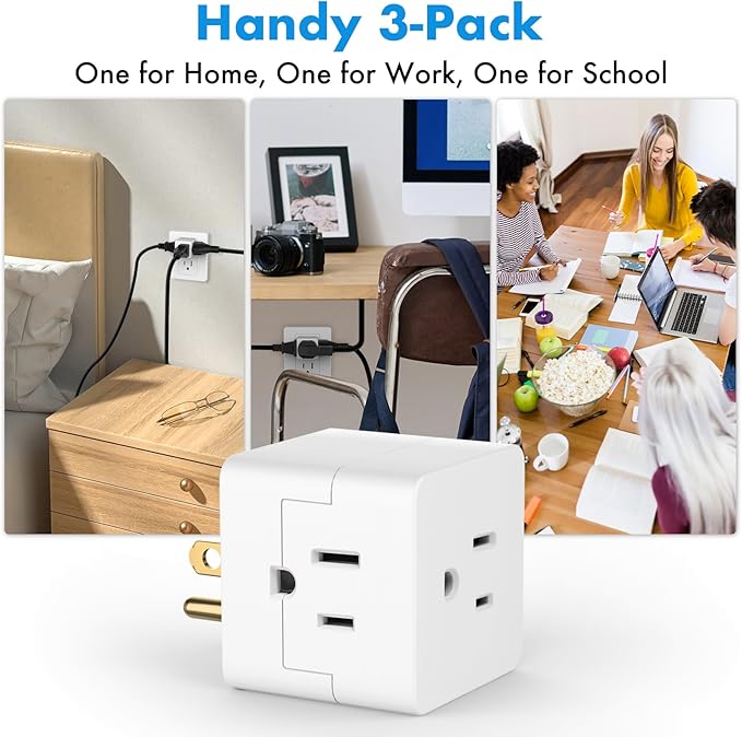 POWERCORDS 3 Power Blocks Outlet Splitter,Grounded Wall Tap, 3-Prong Plug Adapter AC Multi Plug Wall Outlet, Power Splitter, Cruise Essentials, for Home Office School Dorm, UL Listed,Assorted Color
