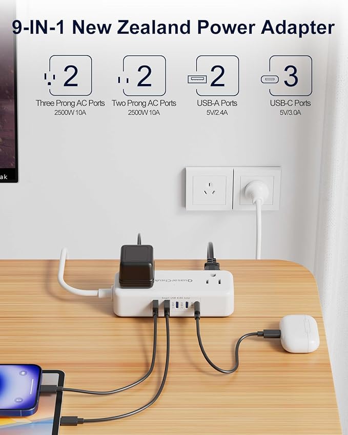 Australia Power Plug Adapter - New Zealand Power Adapter with 4 American Outlets 5 USB (3 USB-C) Total 24W, Type I Plug Adapter and Outlet Converter for US to Australia, AU, Argentina, China, 4FT
