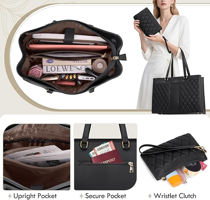 RAINSMORE Laptop Bag for Women 15.6 Inch Work Tote Bags Leather Laptop Tote Professional Laptop Purse Computer Handbag Womens Briefcase Tote with Clutch for Teacher Office Travel, Black