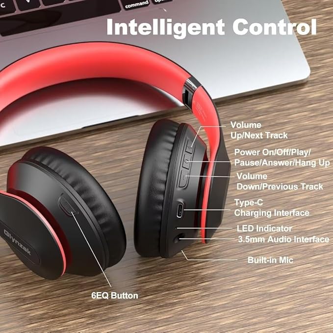 Wireless Bluetooth Headphones Over Ear 65H Playtime HiFi Stereo Headset with Microphone and 6EQ Modes Foldable Bluetooth 6.0 Headphones for Travel Smartphone Computer Laptop