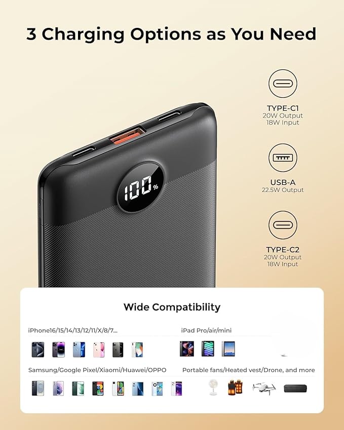 Small Portable Charger 10000mAh, Mini Power Bank with LED Display, 20W Fast Charging USB-C Battery Pack, Compact Travel Charger Compatible with iPhone 17/16/15/14, Samsung S25/24, Android, etc
