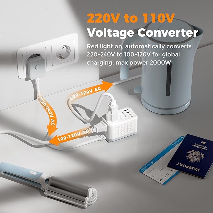 TESSAN 220 to 110 Voltage Converter US to Europe, International Travel Power Adapter with 4 USB Ports(2 USB C), 2 AC and EU/UK/AU Plug Universal Power Converter Adapter Combo, Step Down Transformer