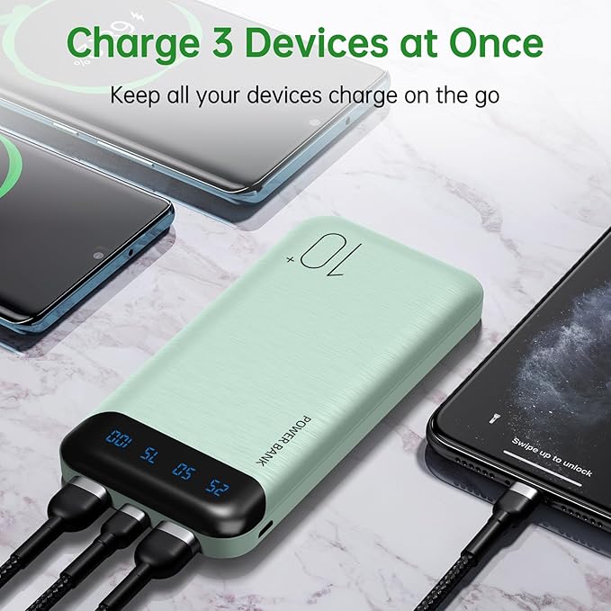 YOBON Power Bank 10000mAh Portable Charger Slim Battery Pack with 2 USB 2.4A Outputs and USB C in/Out Compatible with Huawei iPhone 16 15 14 13 12 iPad Samsung Galaxy S20 Android Tablet (Light Green)