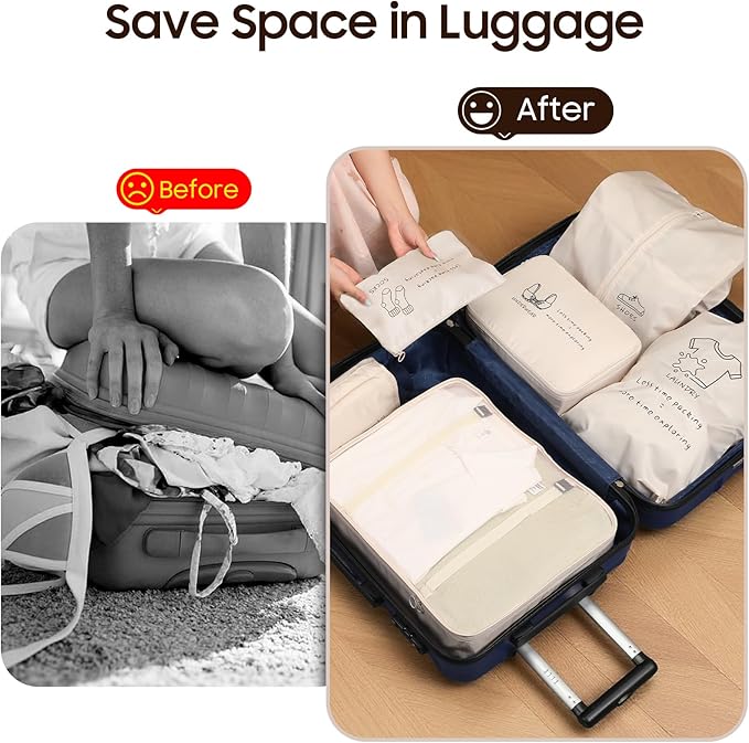 8 Set Travel Packing Organizers- Luggage Organizer for Suitcase Organization with Hanging Toiletry, Shoe & Laundry Bags, Packing Cubes for Travel Essentials, Cute Gifts for Women, Beige