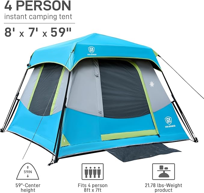 EVER ADVANCED 4 Person Blackout Camping Tent, 60s Easy Setup Instant Cabin Tent for Family, 4000mm Water-Resistant & UV Protection Light-Blocking Tent with Rainfly for Outdoor Travel, 8' x 7' x 59"