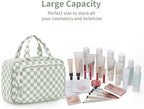 Narwey Travel Toiletry Bag for Women Large Capacity, Hanging Makeup Bag Organizer Toiletries Bag for Full Size Essentials, Accessories, Brushes, Cosmetics (Mint Green Checkerboard (Large))