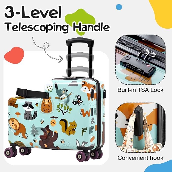 smilesun 20" Ride-On Suitcase for Kids, Cute Pattern, Lightweight Hardshell Carry-On Luggage with Double Spinner Wheels, TSA Lock for Boys & Girls（Green）