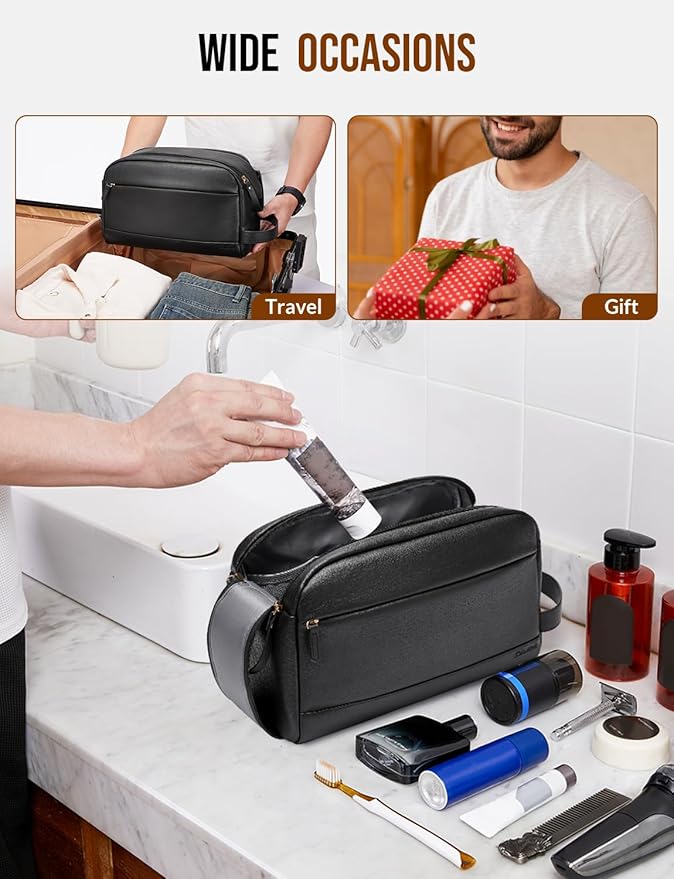 Large PU Leather Toiletry Bag for Men - Water Resistant Travel Bag for Toiletries, Bathroom Essentials, Accessories - Black