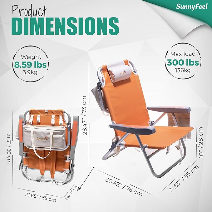 SUNNYFEEL Low Beach Chair 2 Pack, 5-Position Lay Flat Reclining, Backpack Portable Folding Chairs with Cooler Bag & Cup Holder, Heavy Duty 350 LBS, Compact for Beach, Camping, Travel