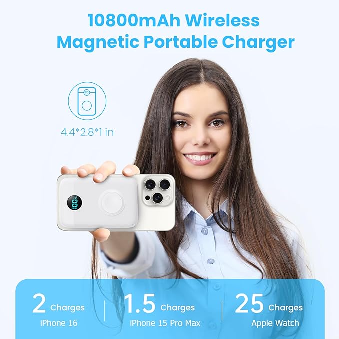 Pxwaxpy Magnetic Portable Charger 10800mAh,4-in-1 Power Bank with iWatch Charger, 25W PD Fast Charging USB C Battery Pack for Magsafe,iPhone 17/16/15/14/13/12 Series,Apple Watch (White)