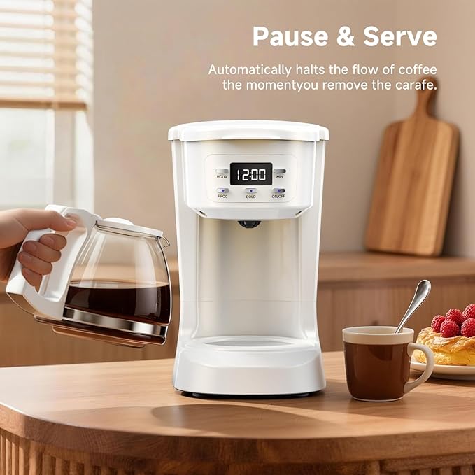 Coffee Maker, 5 Cup Drip Coffee Machine with Glass Carafe, 20 Hours Programmable Timer, 2 Hours Keep Warm, Compatible with Ground&Tea – Portable Small Cafetera for Home, Office, Travel&Camping-White