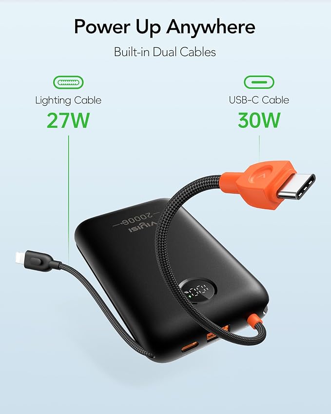 VIYISI Portable Charger 20000mAh 30W Fast Charging, Power Bank with Built-in Cables & LED Display, USB C Battery Pack for iPhone 16/15/14/13, Samsung, iPad and Android Phones, Ideal for Travel -Black