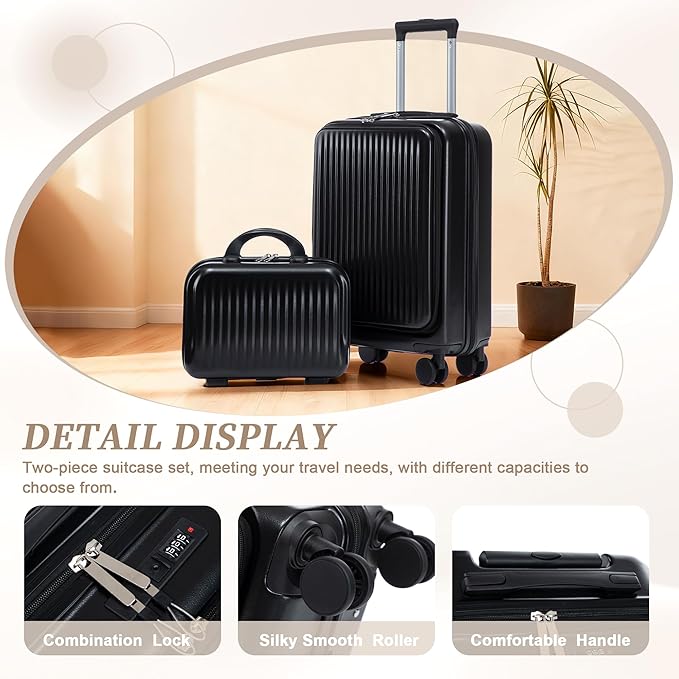 GDFStudio 14/20 Inch 2 Piece Luggage Set with Front Opening Design, ABS Hard Shell Spinner Suitcase with Combination Lock,360° Silent Wheels, Retractable Handle, and 14” Portable Cosmetic Case,Black