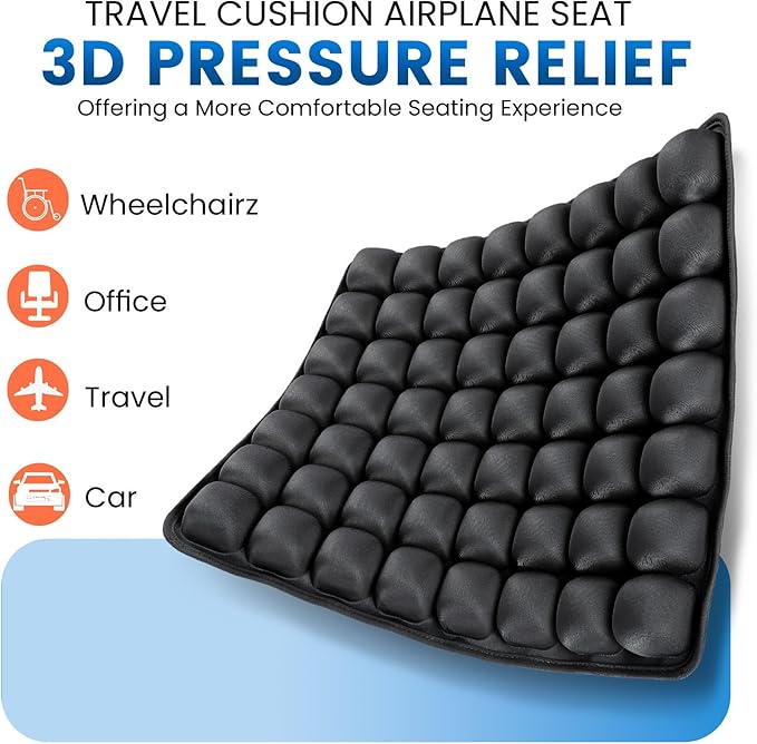 Sondor Travel Cushion, Airplane Seat Cushion for Long Flights, 56 Bubbles Portable Seat Cushion for Airplane, Inflatable Cushion for Office Chair, Wheelchair, Camping, Home Living (Black)