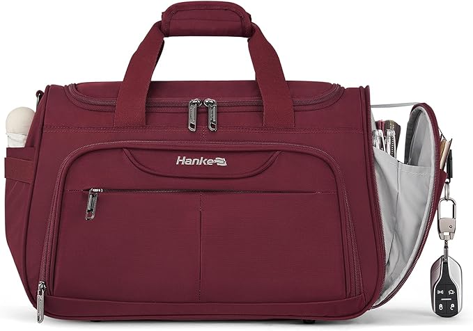 Hanke Small Travel Duffel Bag, Under Seat Carry On Personal Item Bag with 11 Pockets, Lightweight Water Resistant Foldable Weekender Bag with Trolley Sleeve for Travel Gym Daily Use（Burgundy）