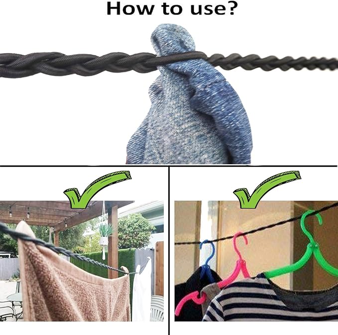 Tri-Braided Cord Travel Clothes Line, Adjustable Bungee Cord Clothesline,Washing Hanging Airer Rope, for Hotel,Camping/Laundry Room,Indoor/Outdoor Usage,Dry Clothes Anywhere Without Using pegs.