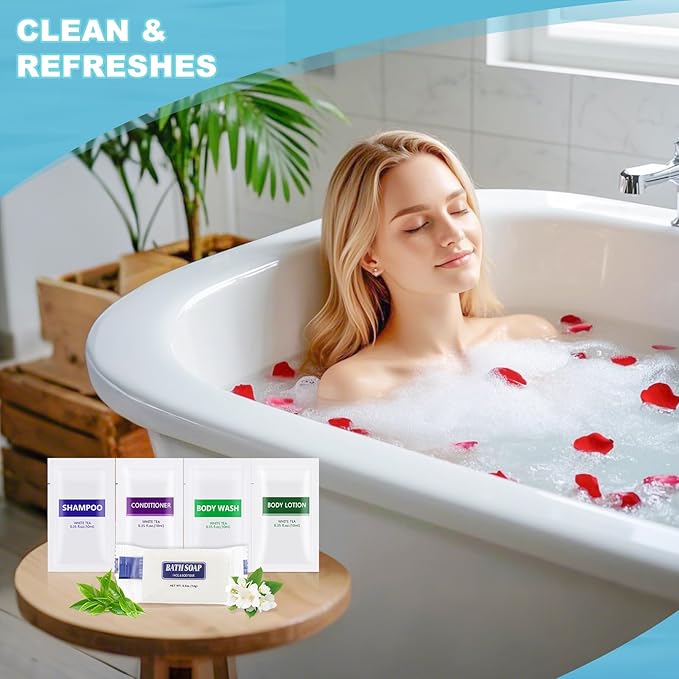 5IN1 Toiletries Bulk Travel Size Set(100 Pcs) 5-Piece Set: 20pcs Travel Size Body Wash, 20pcs Hotel Shampoo, 20pcs Mini Conditioner, 20pcs Body Lotion, 20psc Bar Soap, Bulk Mini Guest Amenities Supply