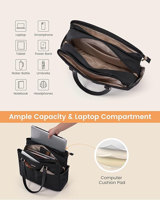 LOVEVOOK Laptop Tote Bag for Women with 3 Separate Pocket Work Bag with Large Cup Holder Computer Briefcase for Teacher Nurse