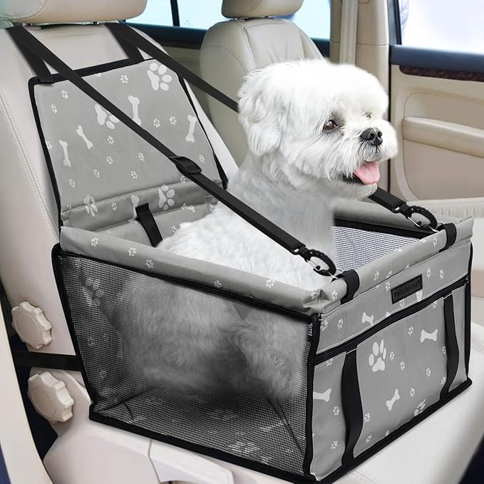 Dog Car Seat Foldable Dog Car Booster Seat Waterproof Breathable Oxford Travel Bag for Small to Medium Dogs, Puppies, and Pets-Pattern Grey