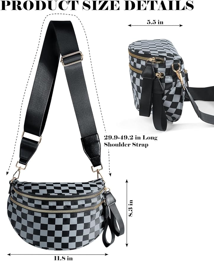 Black and White Checkered Crossbody Bag Bum Bag for Women,Spacious Checkered Purse Fanny Packs Belt Bag