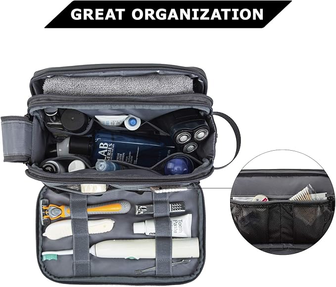 BAGSMART Toiletry Bag for Men, Travel Toiletry Organizer Dopp Kit Water-resistant Shaving Bag for Toiletries Accessories, Door Room Essentials,Grey-medium