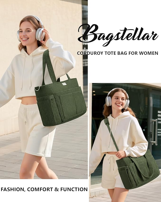 Bagstellar Corduroy Tote Bag for Women, 17 Pockets Laptop Work Tote Bag Lightweight Teacher Nurse Bible Bag for School Travel | with 40oz Cup Holder, Multi Compartment, Zipper Crossbody Bag, College Shoulder Bag, Daily Purse w/ Strap, Ideal Gift for Women