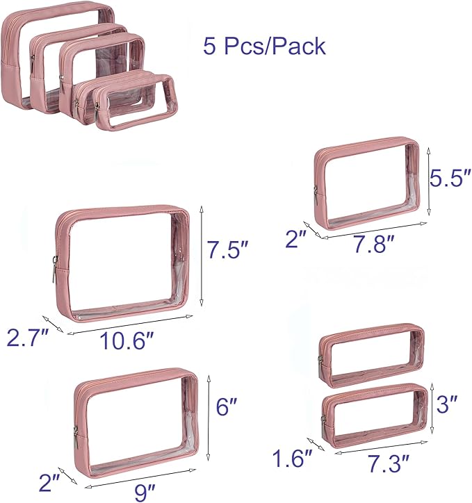 Remobia Hicol TSA Approved 5-Piece Diaper Bag Organizer Pouch Set Clear Waterproof TPU Kids Toiletry Storage Set Travel Packing Clutch Cube Bags for Baby Nursing (Light Pink Leather)