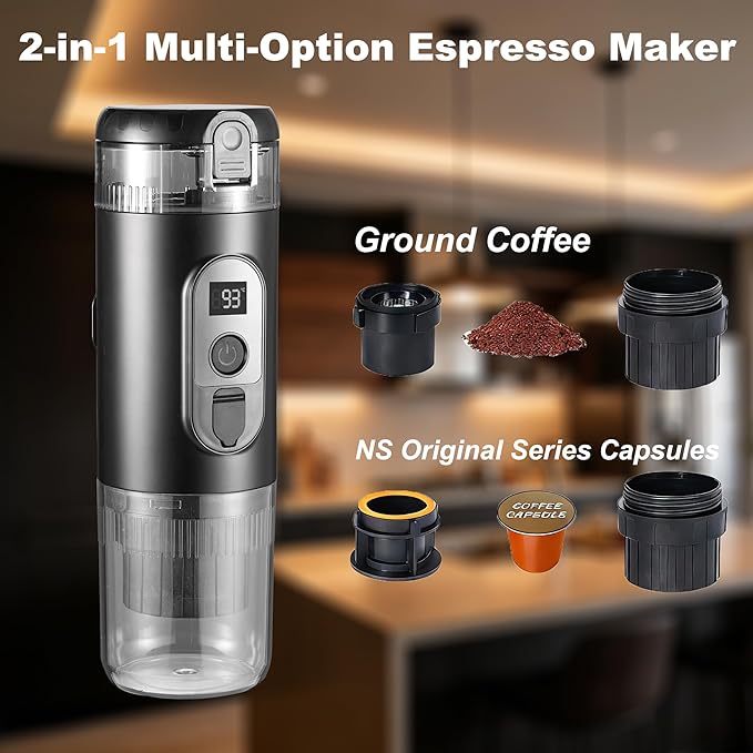 Portable Electric Espresso Machine Travel Coffee Maker 20 bar Mini Espresso Self-Heating Car Coffee Maker Compatible with Ground Coffee & NS Capsule for Camping RV Hiking Offic, Black