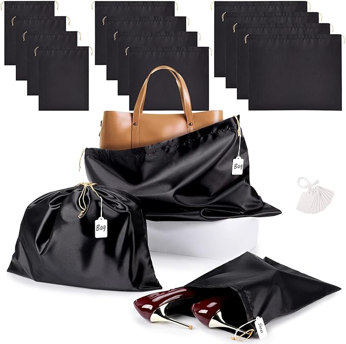 Ewen 12 Pack Satin Drawstring Dustbags with Blank Tags, Dustproof Packing Bags Set in Small Medium Large, Black Travel Essentials Organizer Pouch for Handbags Clothes Storage Shoes Purse Organization