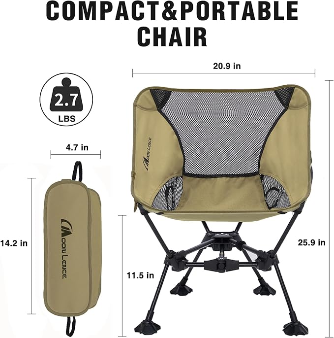 MOON LENCE Portable Camping Chair，Lightweight Backpacking Hiking Chairs,Compact,Foldable,with Anti-Sinking Large Feet for Beach,330 lbs Capacity (Khaki, Standard)