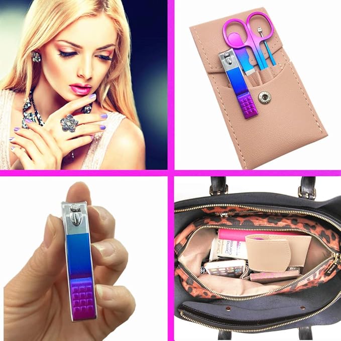 Manicure Set, Professional Women Nail Clippers Kit 4PCS， Stainless Steel Nail Cutter Care Tools Professional Grooming Kits, PU Leather Travel Case （Colorful）