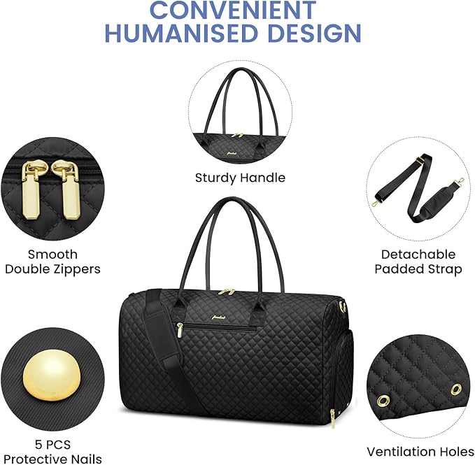 Women Weekender Travel Duffle Bag: Travel Duffel Overnight Bags with Shoe Compartment Large Carry on Tote with Toiletry Bag Weekend Traveling Yoga Gym Hospital Bag for Women with Wet Pocket Black