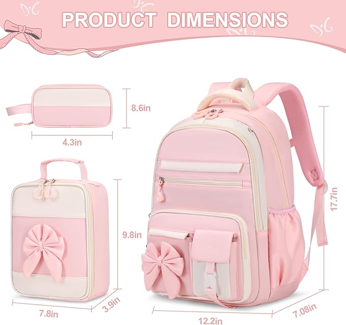 DIGOBAY Backpack for Girls, 3PCS Girls Backpack for School with Lunch Bag Pencil Case, Cute Kids Teens Bookbag for Kindergarten Elementary Preschool Middle School (Pink)