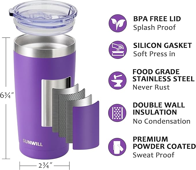 SUNWILL Travel Coffee Tumbler 20 oz, Insulated Mug with Lid, Stainless Steel Cup for Hot and Cold Drinks, Powder Coated Purple