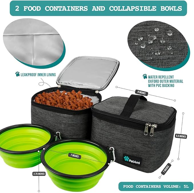 PetAmi Dog Travel Bag, Travel Pet Bag Organizer, Dog Food Travel Bag with Container Collapsible Bowls, Pet Travel Supplies Gift Accessories for Weekend Camping, Puppy Cat Diaper Bag, Charcoal Large